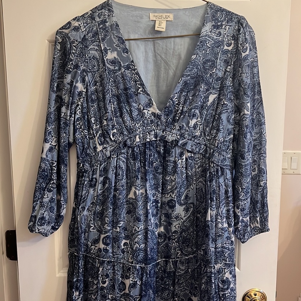 Rachel Zoe Paisley Print Blue Long Sleeve v-neck Maxi Tiered Babydoll Dress - Picture 3 of 8